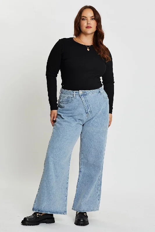 Blue High Rise Asymmetric Straight Denim Jeans