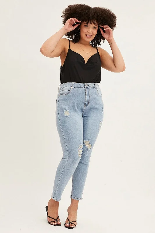 Blue High Rise Knee Slash Skinny Denim Jean