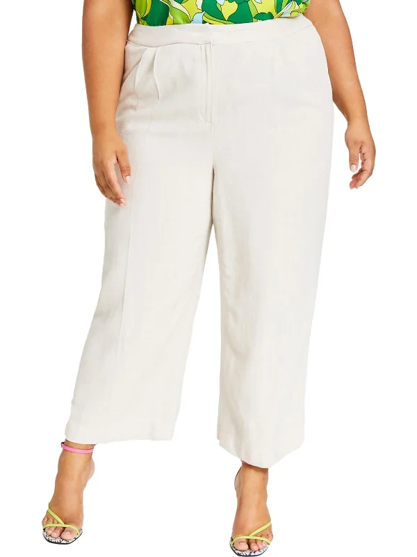 Plus Womens Linen Blend Cropped Wide Leg Pants