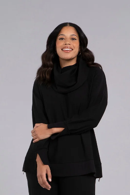 Bamboo Fleece Cowl Neck Pleat Sleeve Top | Black