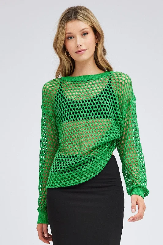 Green Oversized Knit Top Crew Neck