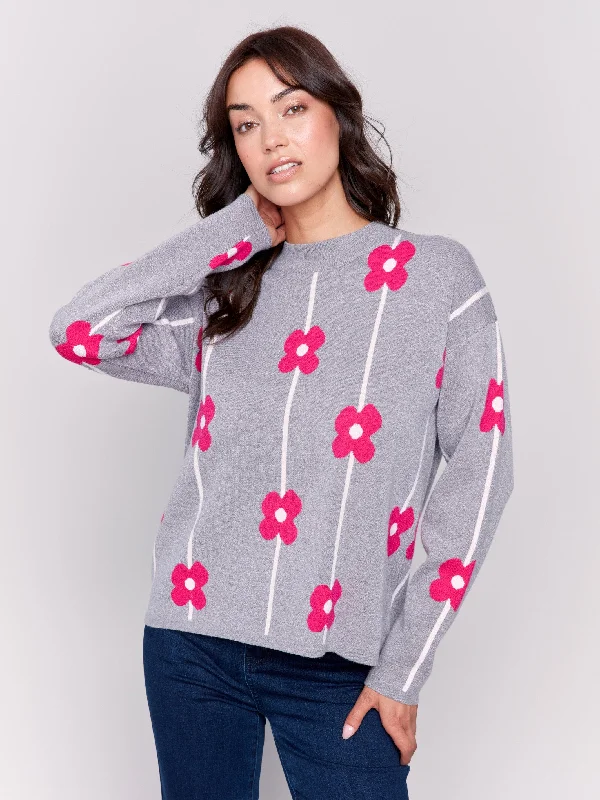 Plush Floral Print Sweater - Grey