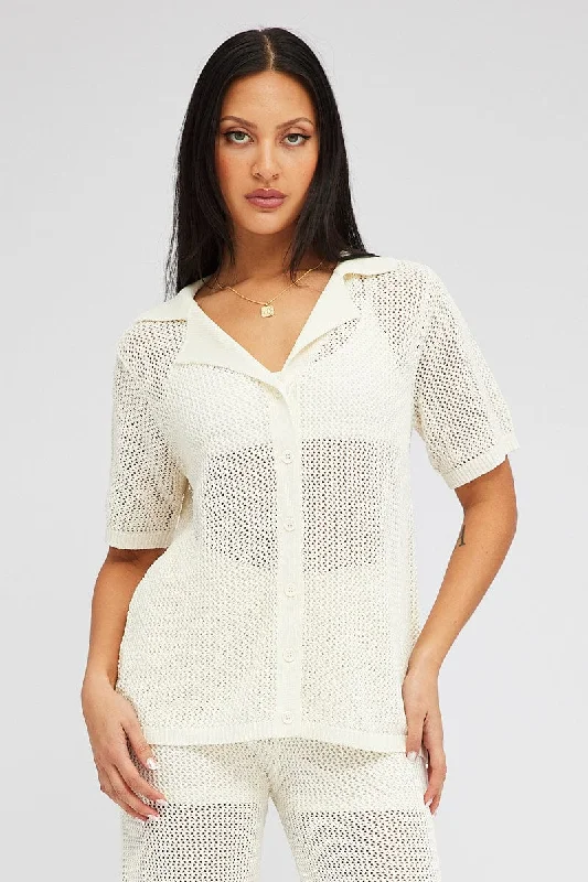 White Collar Knit Top Short Sleeve