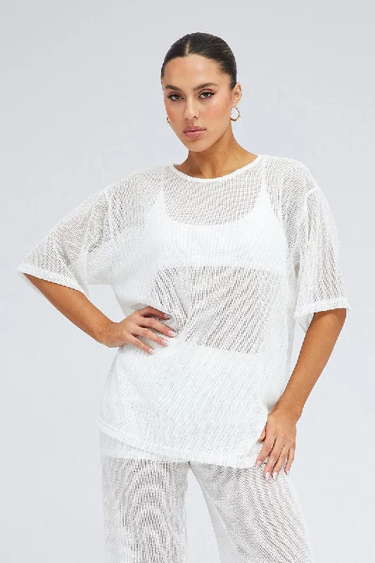 White Oversized Knit Top Short Sleeve Crew Neck