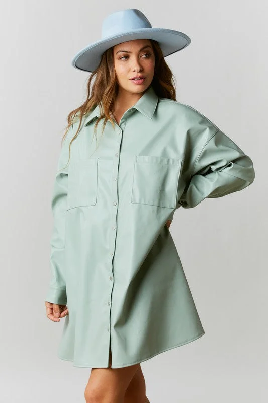 Call Me Tempted Faux Leather Shirt Dress (Pistachio)