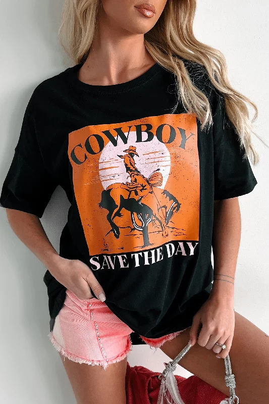 "Cowboy Save The Day" Oversized Graphic T-Shirt Dress (Black) - Print On Demand