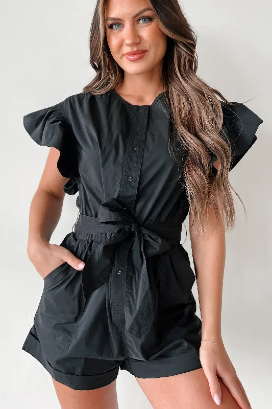 Shula Button-Front Ruffle Sleeve Romper (Black)