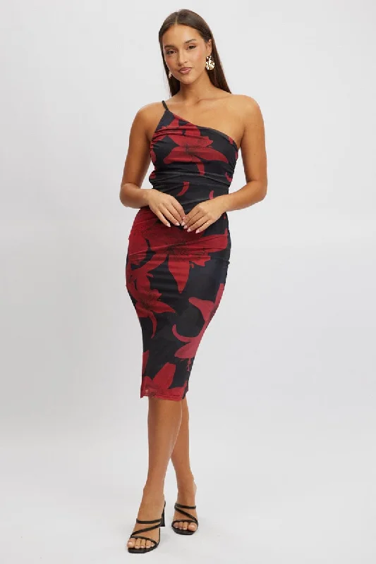 Black Floral Bodycon Dress One Shoulder