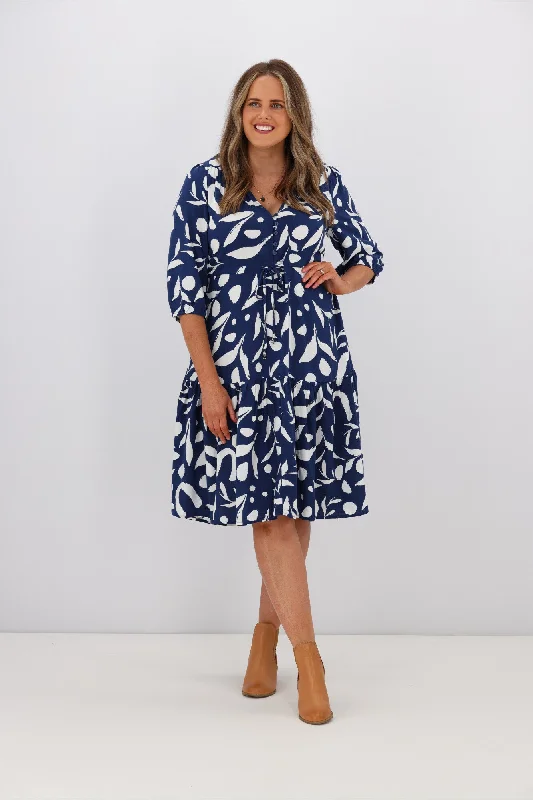 Fria Fall Leaf 3/4 Sleeve Dress Navy