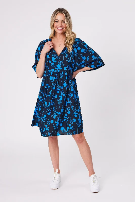 Gloss by Shine On Antonia Wide Sleeve Dress Black Blue Floral