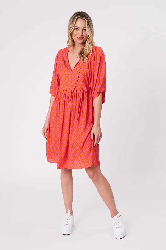 Gloss by Shine On Antonia Wide Sleeve Dress Orange Purple Diamond Print