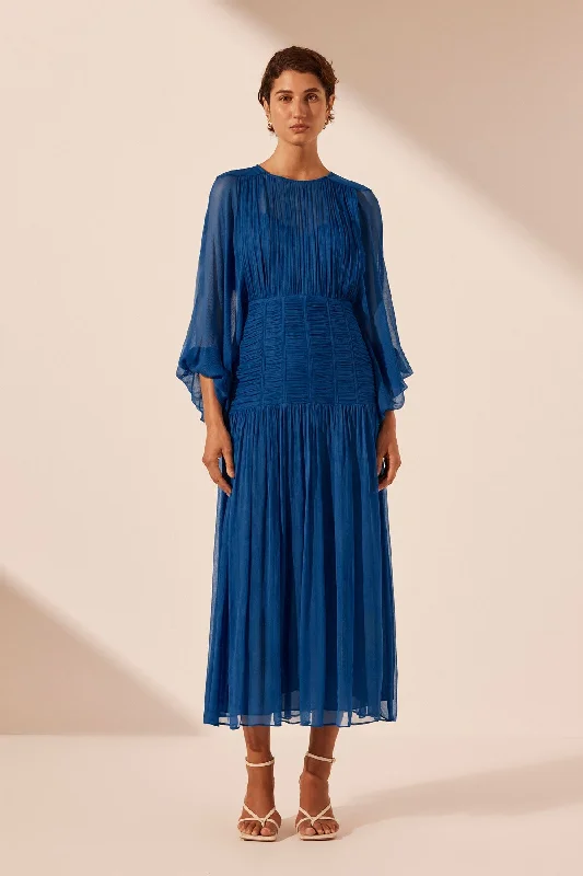 MAYA RUCHED PANELLED MIDI DRESS - STRONG BLUE