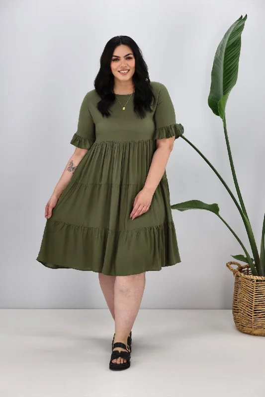 New U Collection Round Neck Midi Dress Khaki