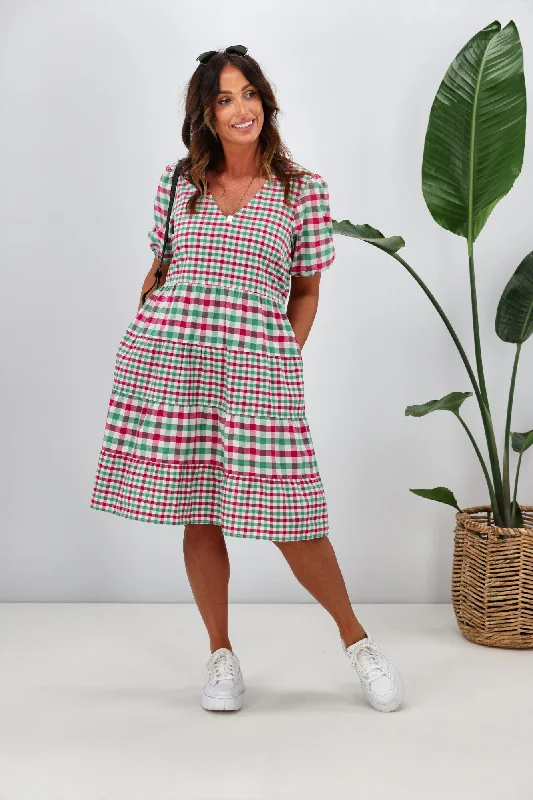 Shine On Label Sussex Tiered Check Dress Pink Green