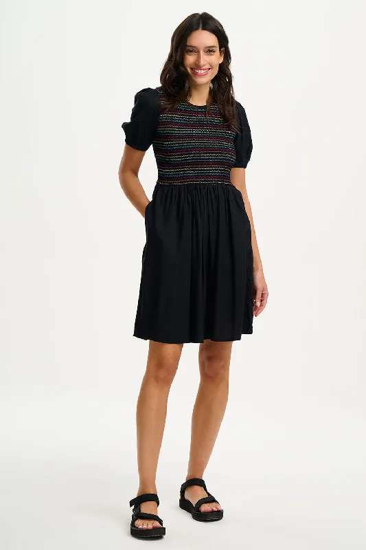 Sugarhill Antoinette Shirred Dress Rainbow Shirring Black