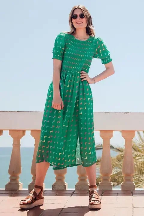 Sugarhill Rosita Midi Shirred Dress Undulating Waves Green