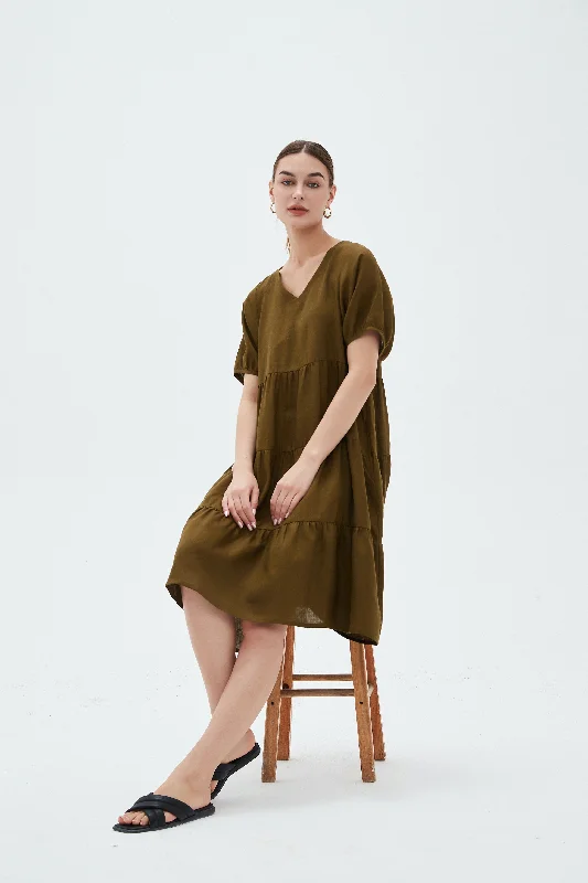 Tirelli Tiered Linen Dress Dark Moss